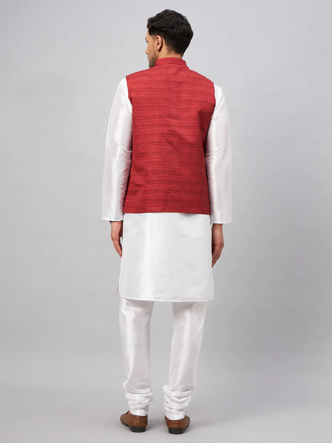 Jashvi Men's Maroon Matka Silk Nehru Jacket With White Silk Blend Kurta Pyjama Set