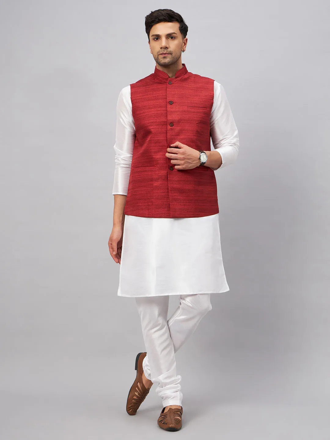 Jashvi Men's Maroon Matka Silk Nehru Jacket With White Silk Blend Kurta Pyjama Set