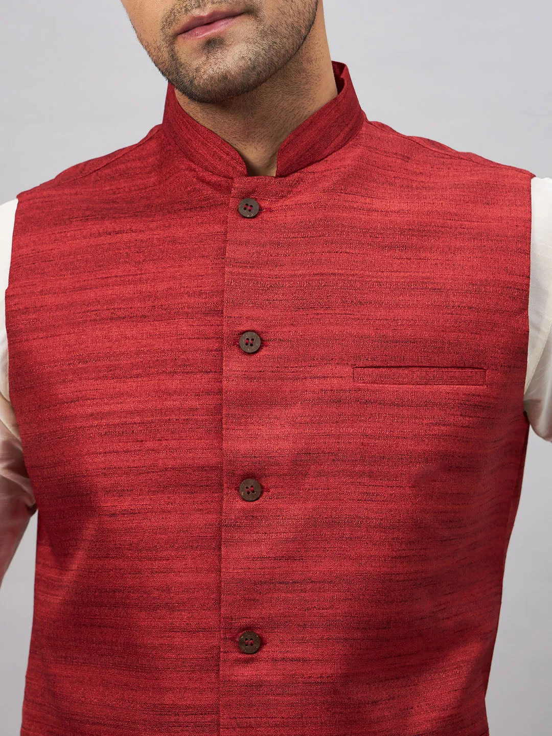 Jashvi Men's Maroon Matka Silk Nehru Jacket With White Silk Blend Kurta Pyjama Set