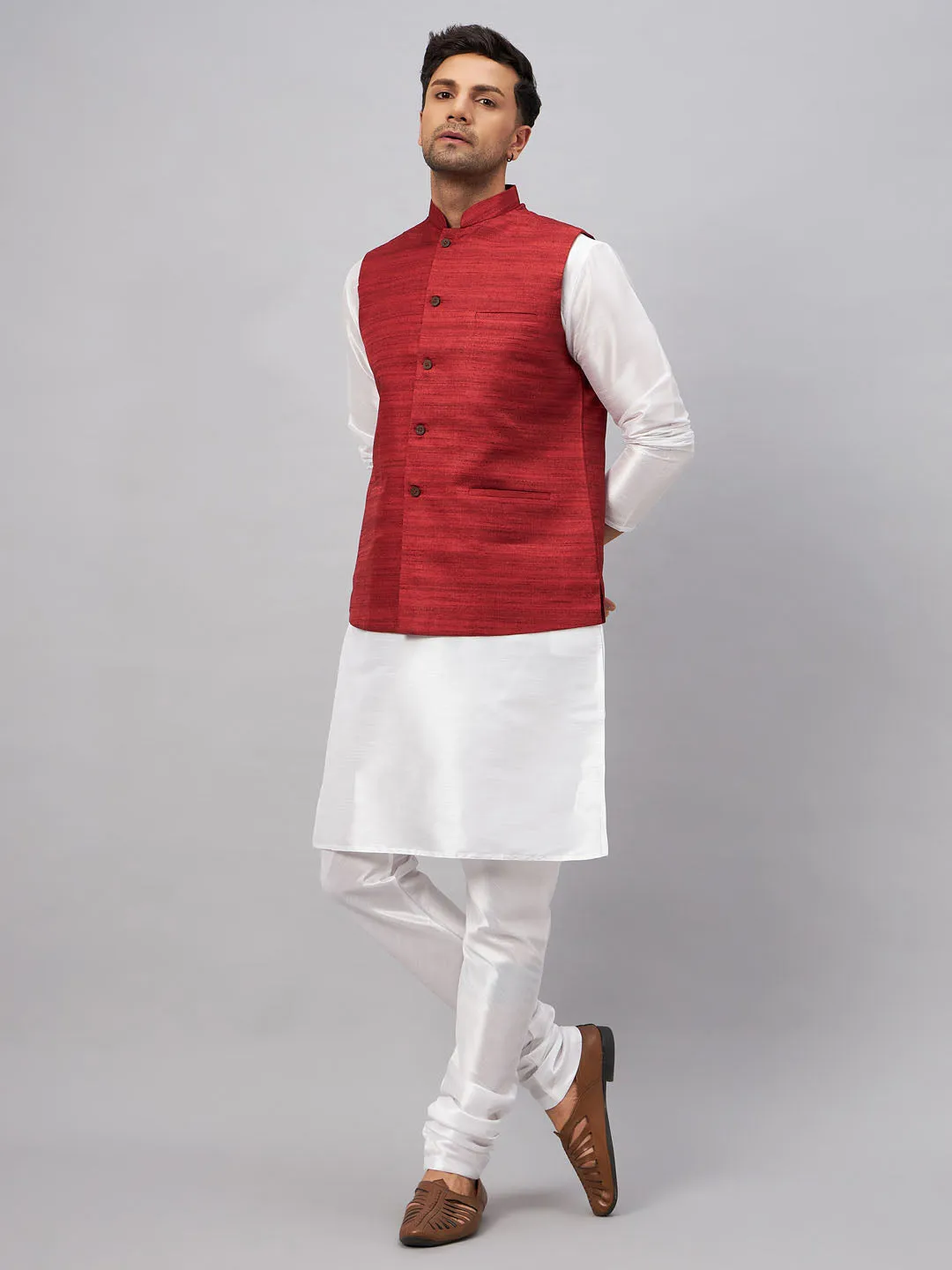 Jashvi Men's Maroon Matka Silk Nehru Jacket With White Silk Blend Kurta Pyjama Set