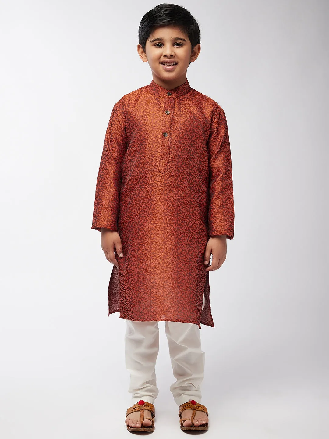 Kid's Jacquard Silk Orange Self Design Kurta & Off-White Churidar Pyjama Set   - Sojanya KID