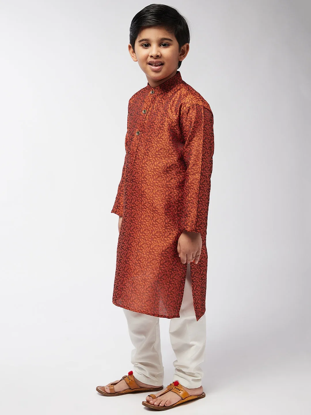 Kid's Jacquard Silk Orange Self Design Kurta & Off-White Churidar Pyjama Set   - Sojanya KID