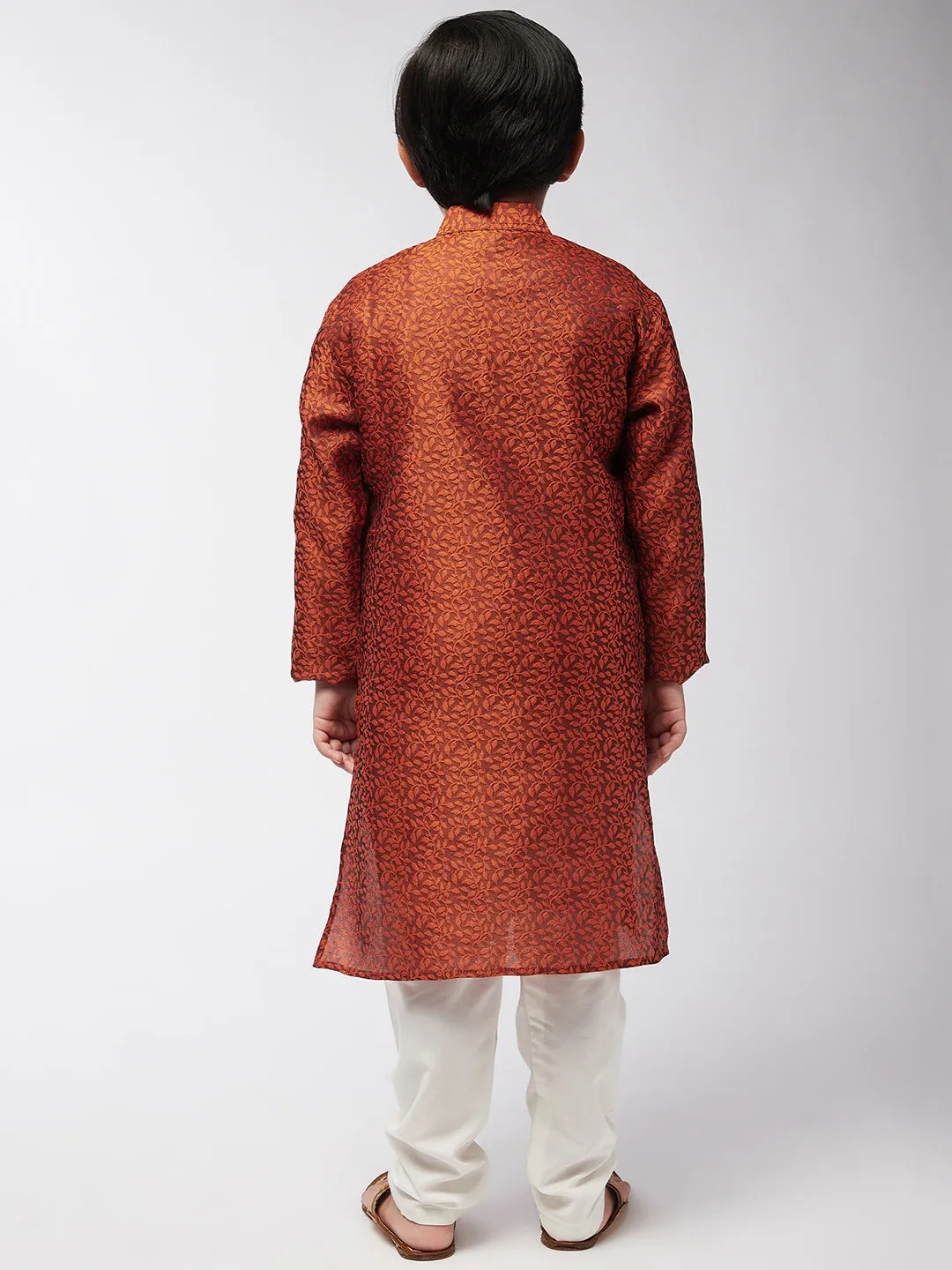Kid's Jacquard Silk Orange Self Design Kurta & Off-White Churidar Pyjama Set   - Sojanya KID