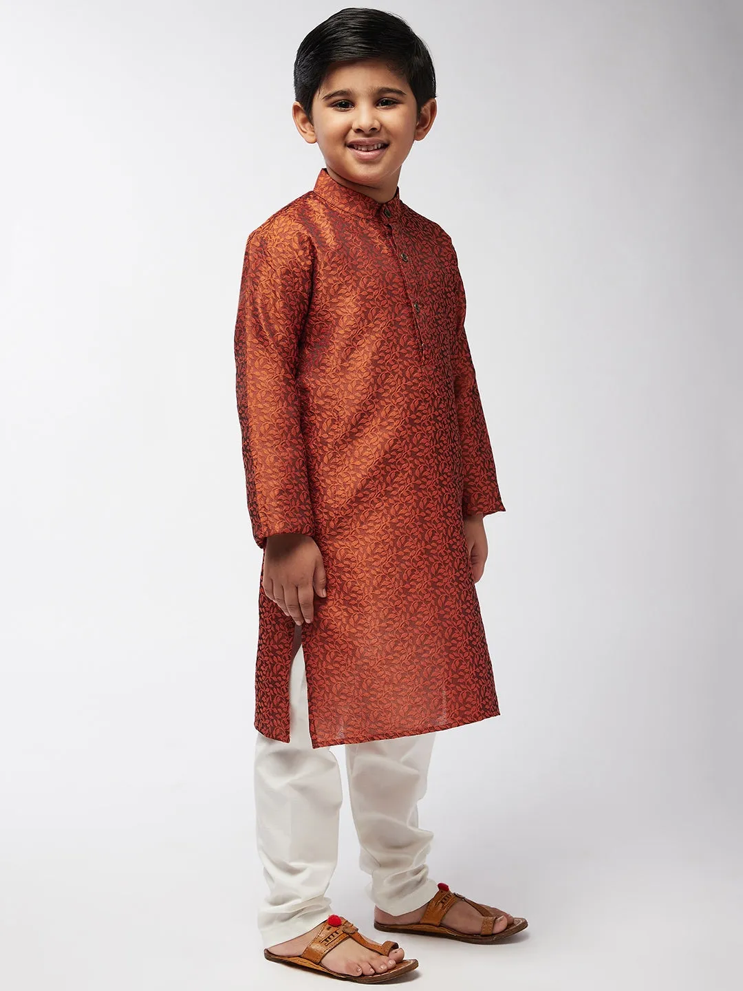 Kid's Jacquard Silk Orange Self Design Kurta & Off-White Churidar Pyjama Set   - Sojanya KID