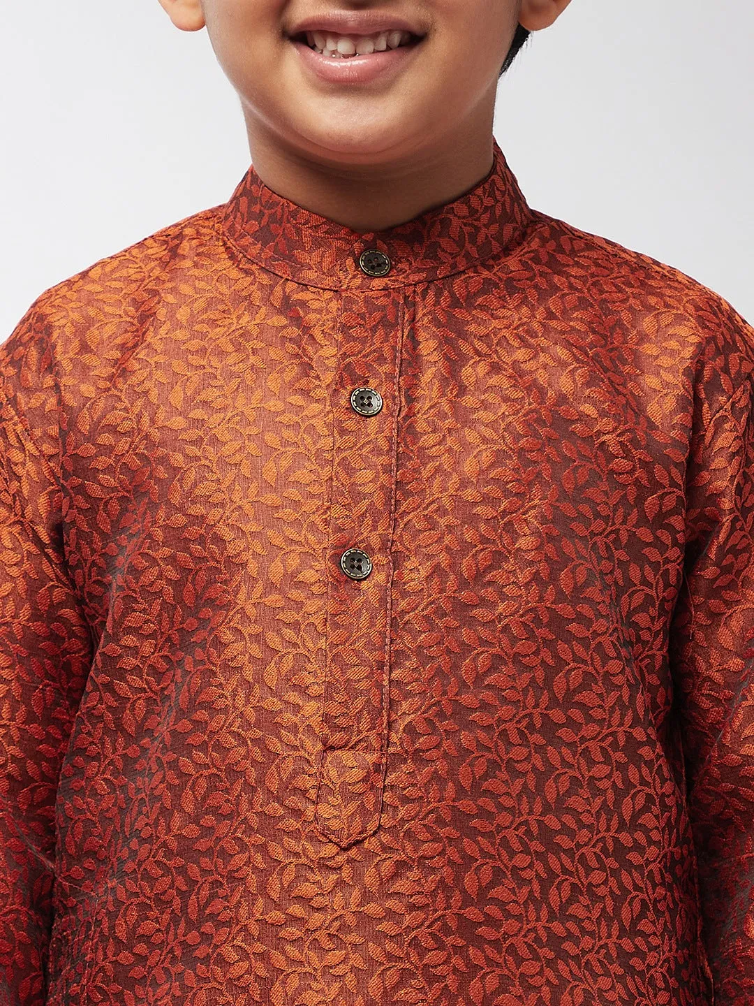 Kid's Jacquard Silk Orange Self Design Kurta & Off-White Churidar Pyjama Set   - Sojanya KID