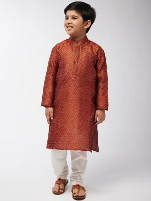 Kid's Jacquard Silk Orange Self Design Kurta & Off-White Churidar Pyjama Set   - Sojanya KID