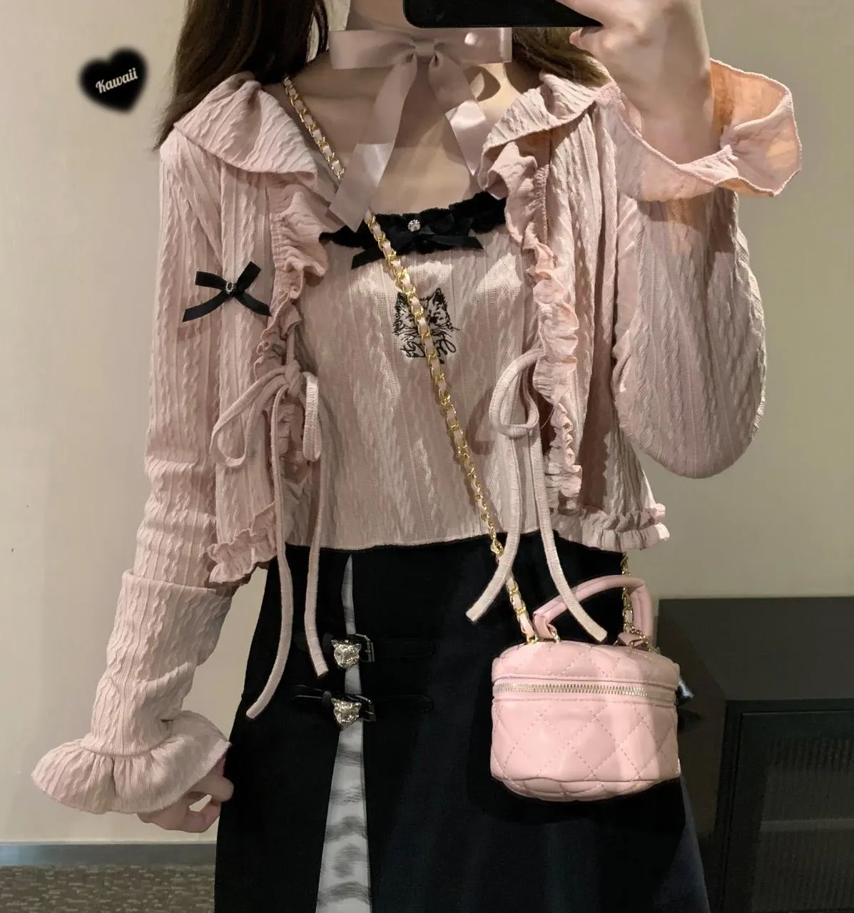 Kitten Bullet Salty Cream Bow Pink & White Knit Cardigan