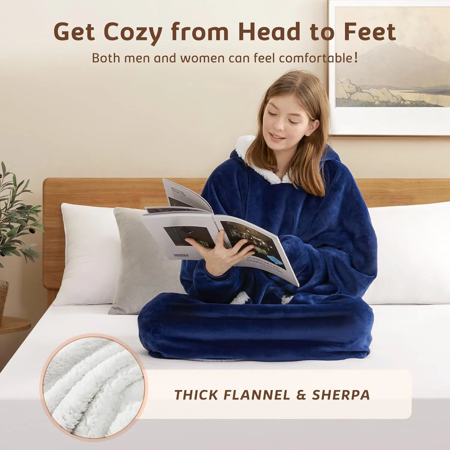 L'AGRATY Oversized Wearable Blanket Hoodie for Adults, Premium Sherpa Fleece Hoodie Blankets for Women & Men, Super Cozy & Warm Long Wearable BLanket Hoodie Sweatshir with Giant Pocket(Navy Blue)