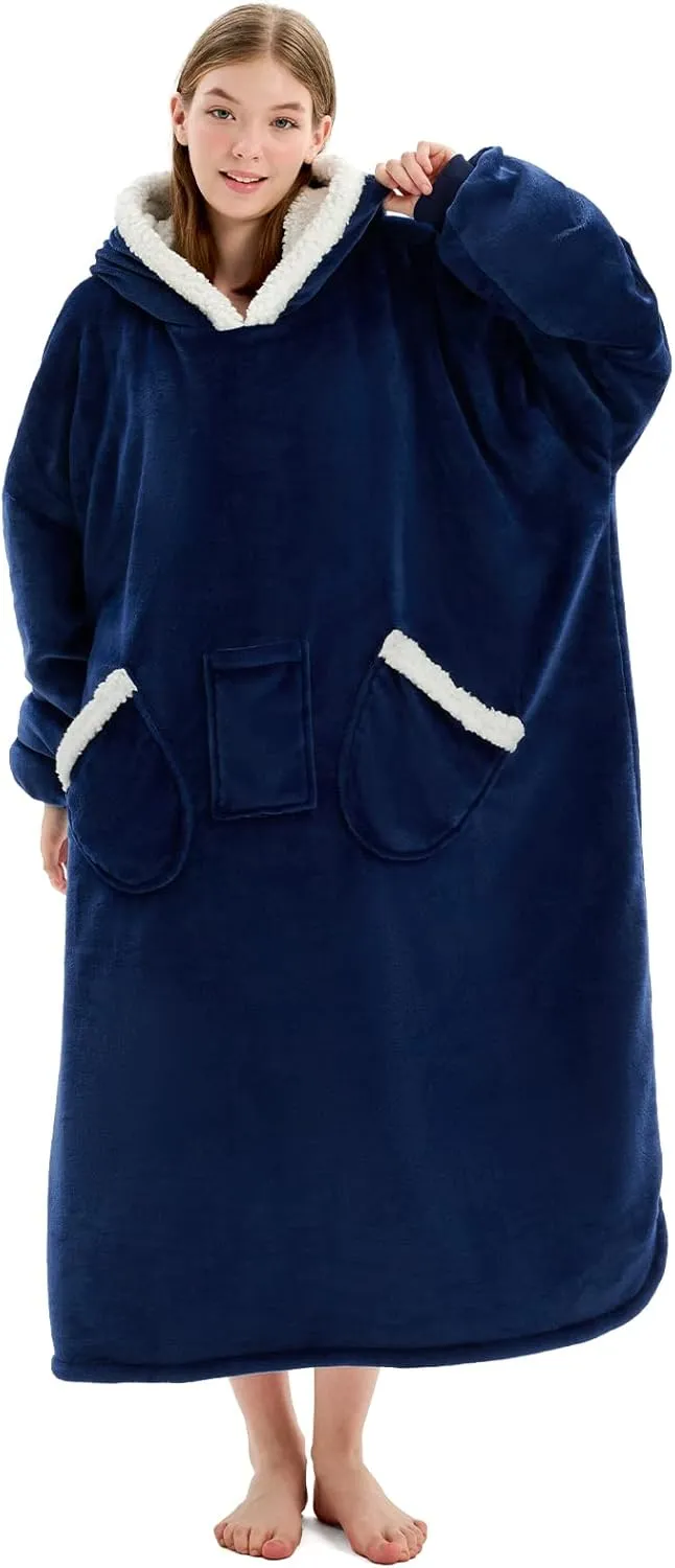 L'AGRATY Oversized Wearable Blanket Hoodie for Adults, Premium Sherpa Fleece Hoodie Blankets for Women & Men, Super Cozy & Warm Long Wearable BLanket Hoodie Sweatshir with Giant Pocket(Navy Blue)