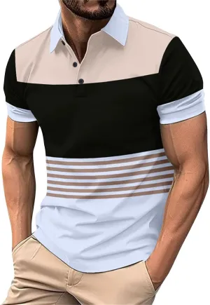 LCMTWX Mens Big and Tall Shirts Trend Lapel Striped Button Color Blocking Short Sleeved T Shirt Mens Golf Shirts Casual