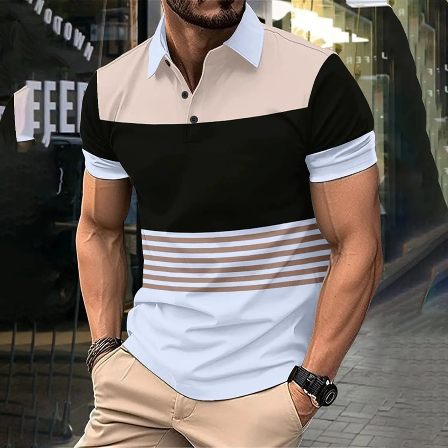 LCMTWX Mens Big and Tall Shirts Trend Lapel Striped Button Color Blocking Short Sleeved T Shirt Mens Golf Shirts Casual