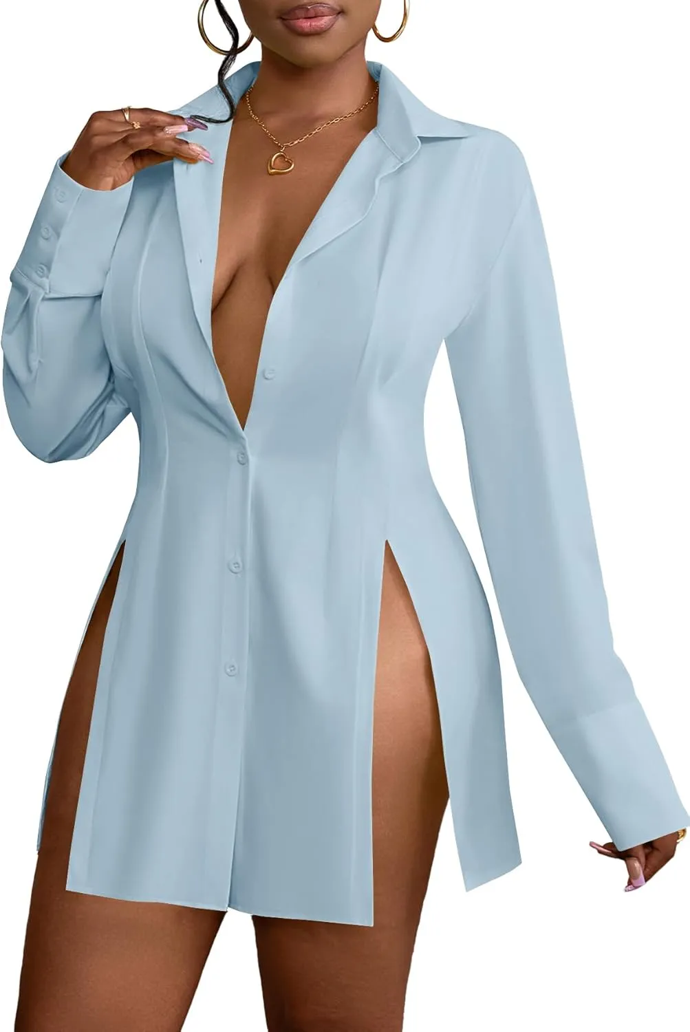 LYANER Women's Button Down Shirt Dress Collar V Neck Long Sleeve Slit Sexy Shirt Dresses