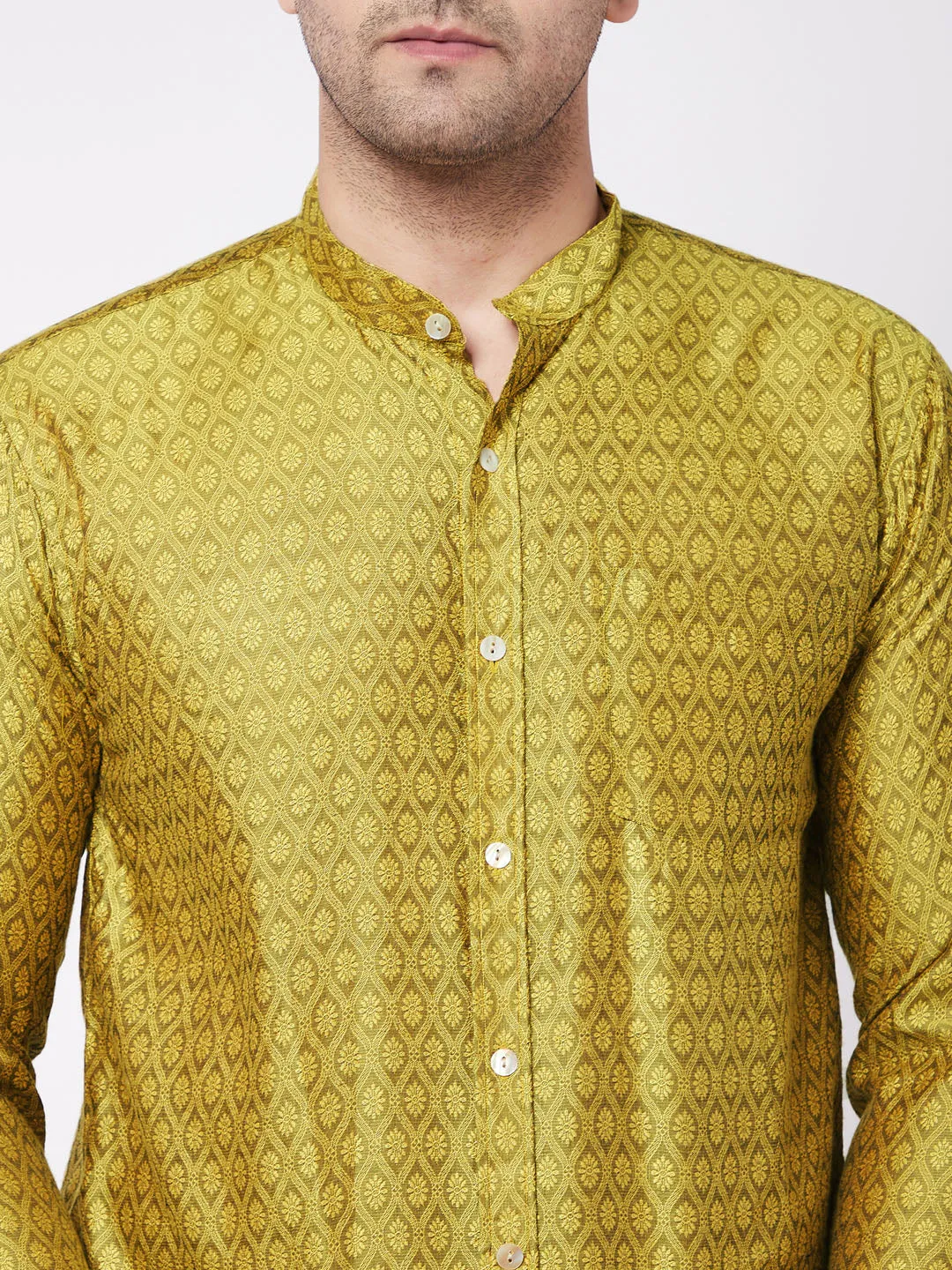 Men's Mustard Yellow Silk Blend Ethnic Shirt - Vastramay
