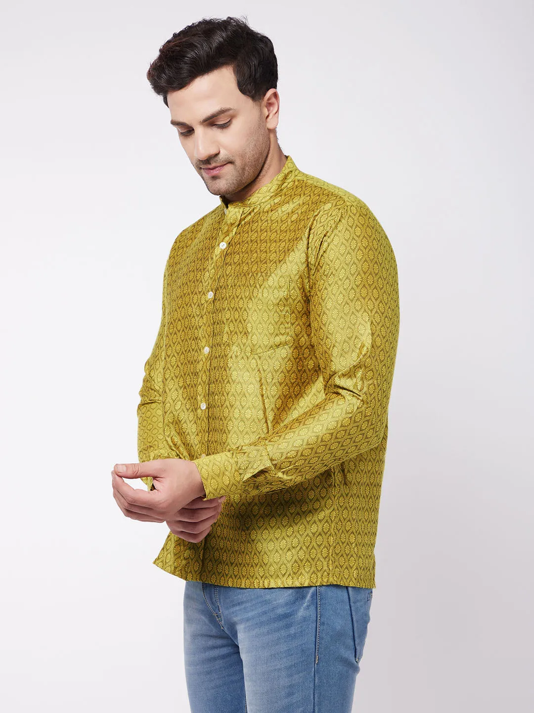 Men's Mustard Yellow Silk Blend Ethnic Shirt - Vastramay
