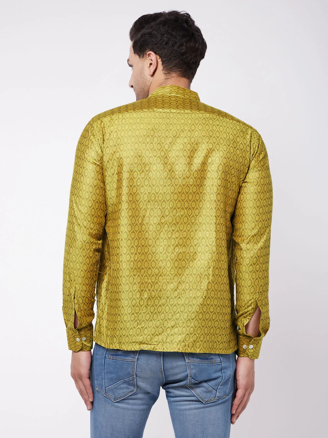 Men's Mustard Yellow Silk Blend Ethnic Shirt - Vastramay