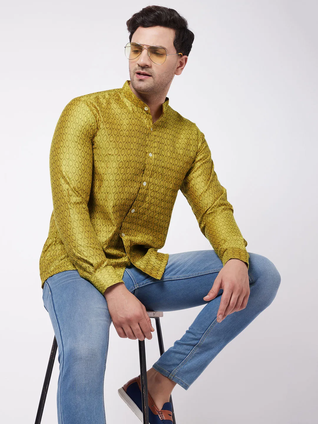 Men's Mustard Yellow Silk Blend Ethnic Shirt - Vastramay