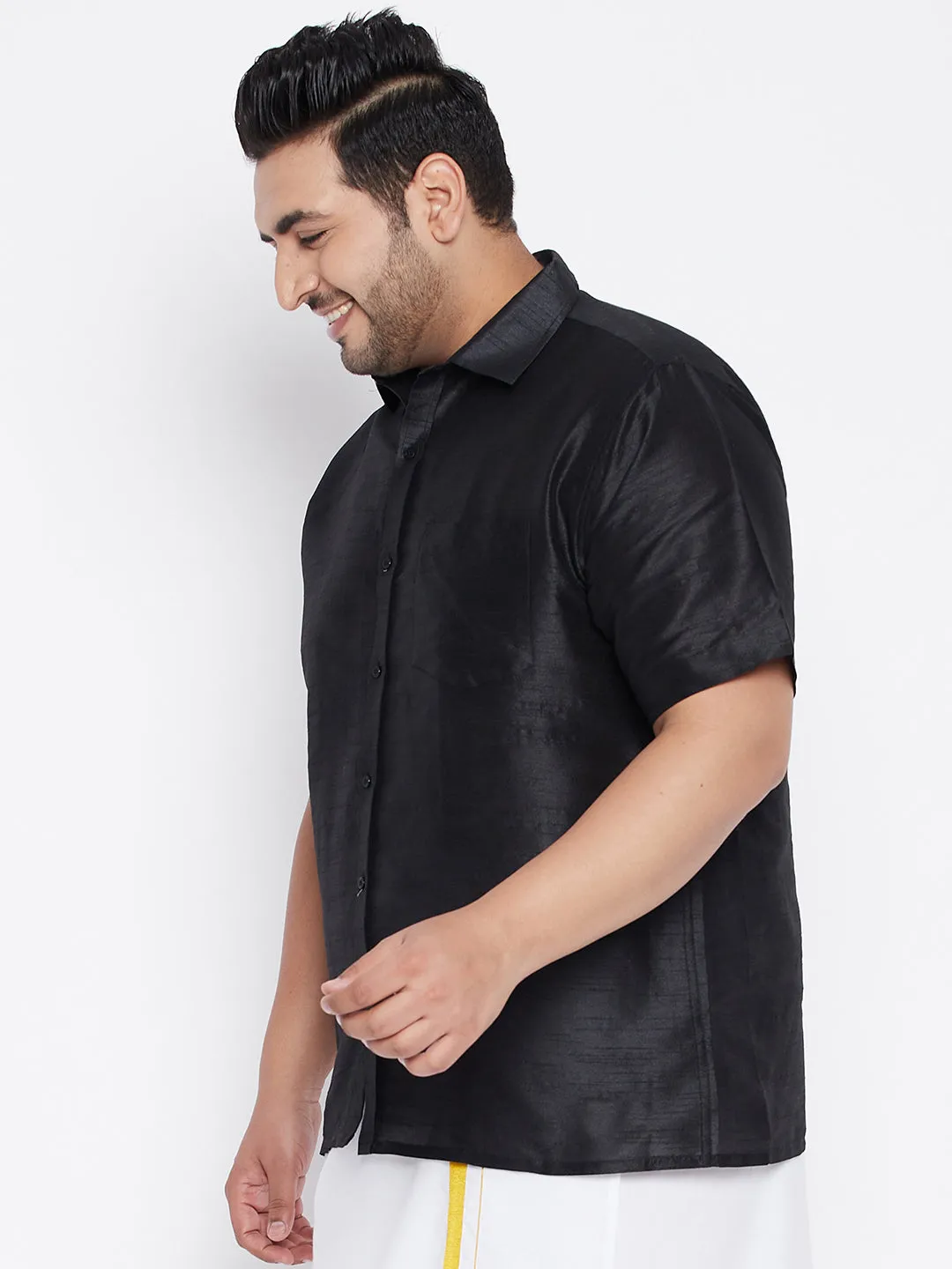 Men's Plus Black Silk Blend Ethnic Shirt - Vastramay