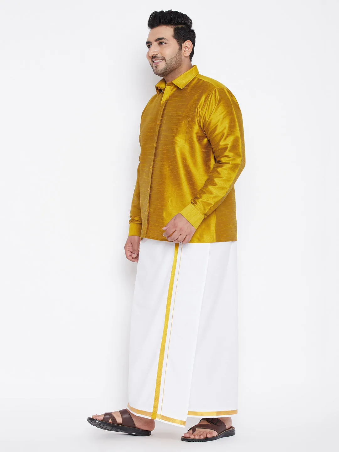 Men's Plus Mustard And White Silk Blend Shirt And Mundu Set - Vastramay