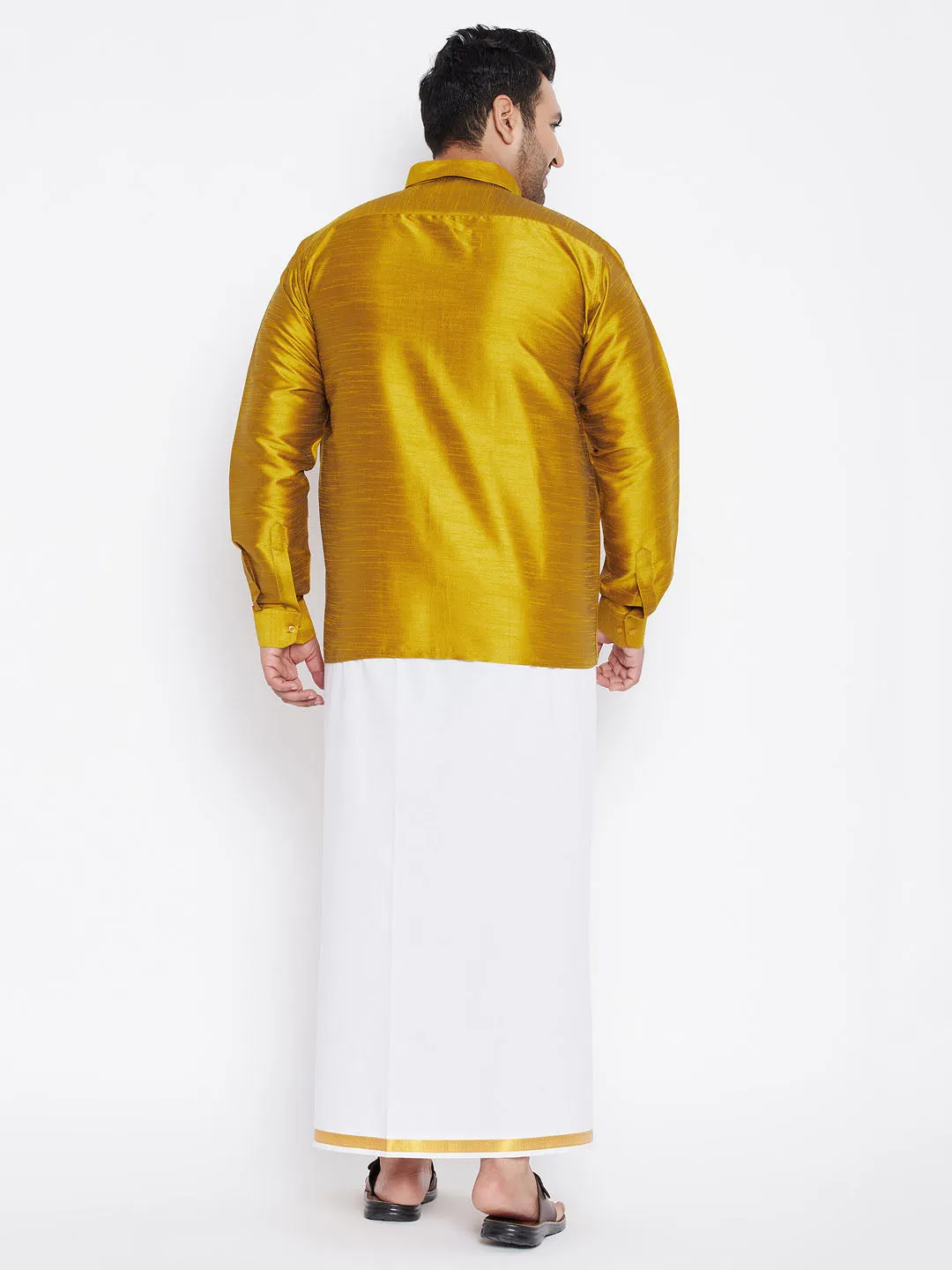 Men's Plus Mustard And White Silk Blend Shirt And Mundu Set - Vastramay