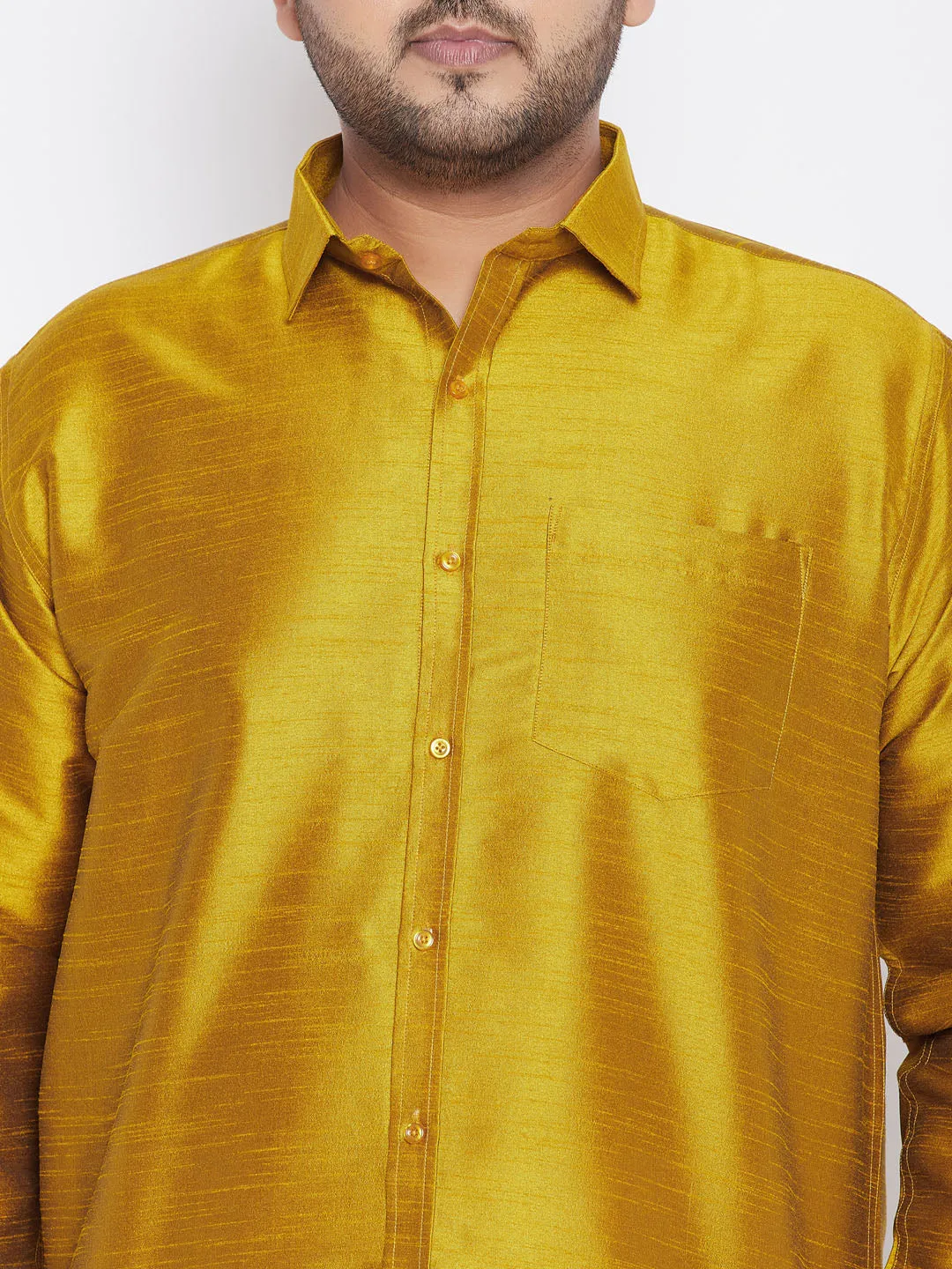 Men's Plus Mustard And White Silk Blend Shirt And Mundu Set - Vastramay