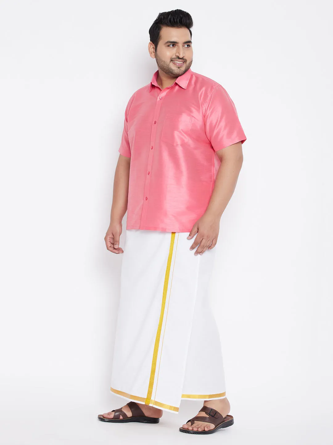Men's Plus Pink And White Silk Blend Shirt And Mundu Set - Vastramay