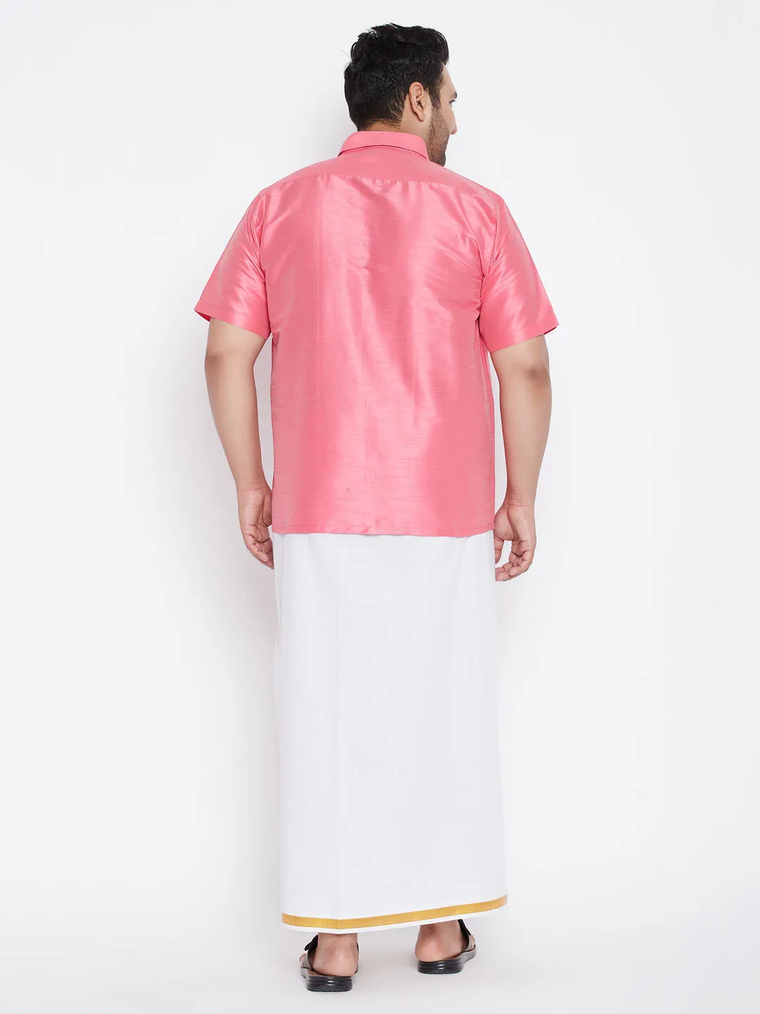 Men's Plus Pink And White Silk Blend Shirt And Mundu Set - Vastramay