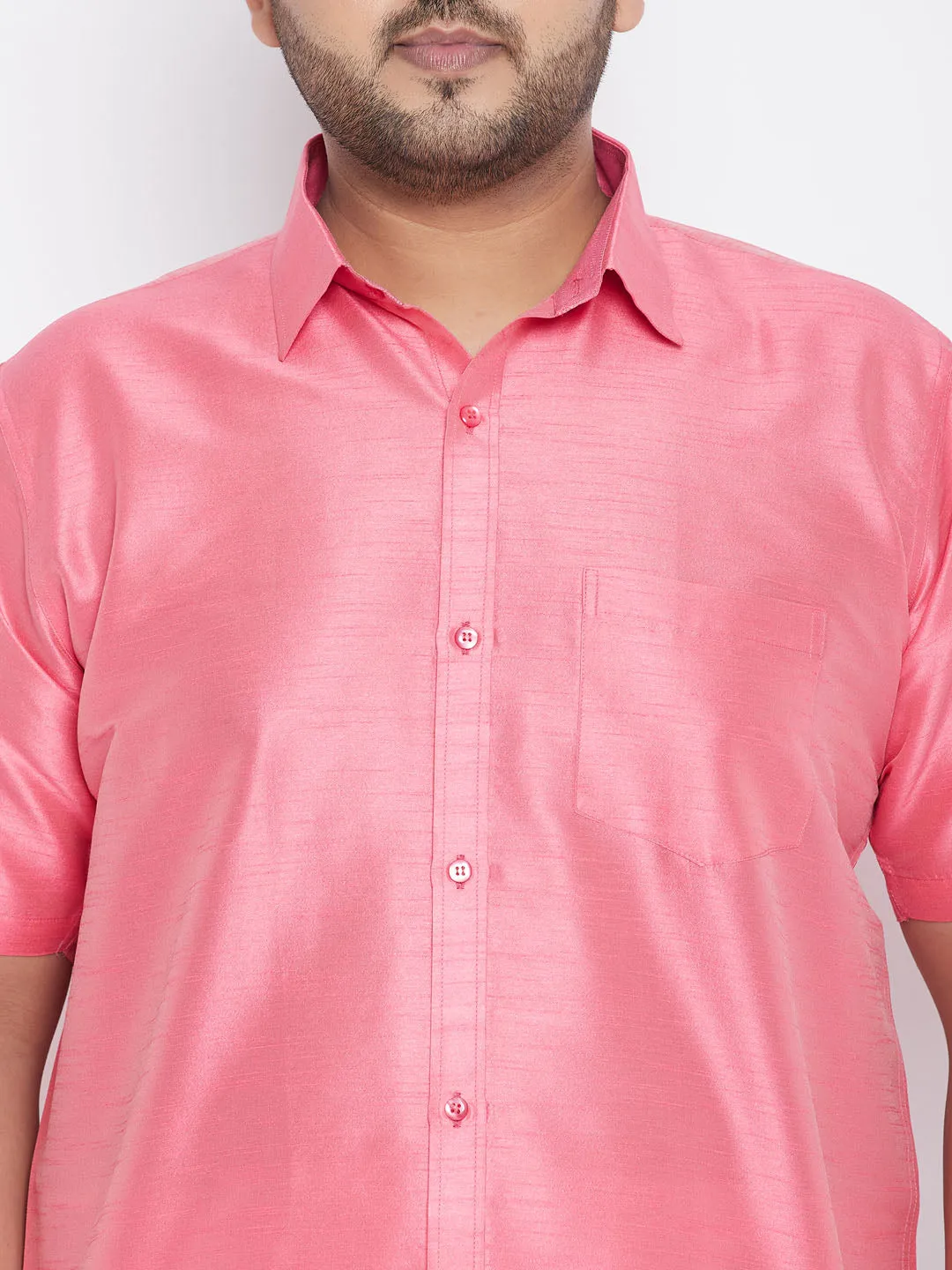 Men's Plus Pink And White Silk Blend Shirt And Mundu Set - Vastramay