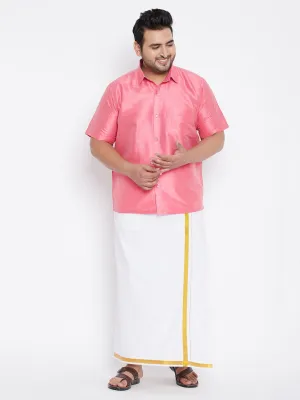 Men's Plus Pink And White Silk Blend Shirt And Mundu Set - Vastramay