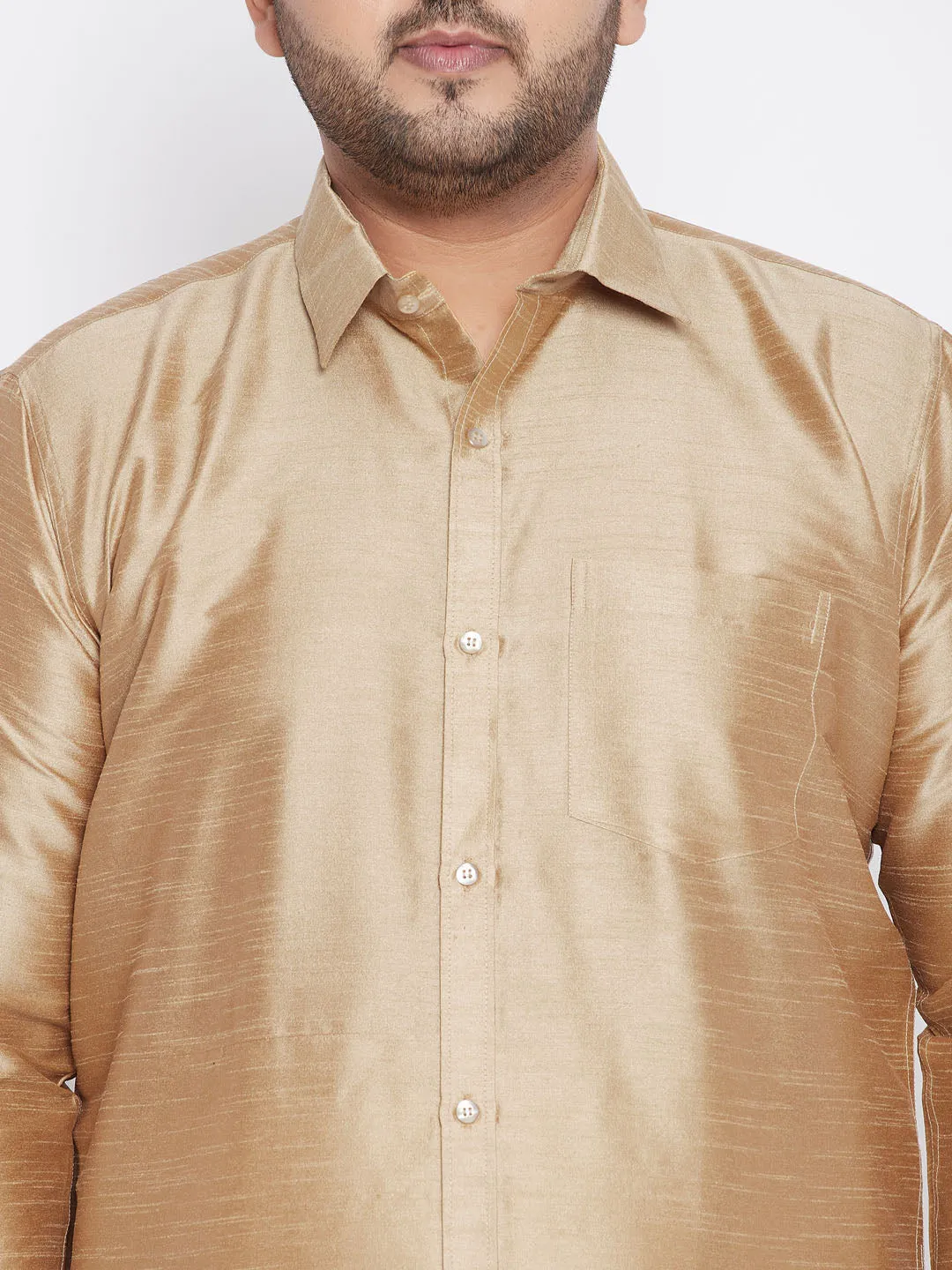 Men's Plus Rose Gold And White Silk Blend Shirt And Mundu Set - Vastramay