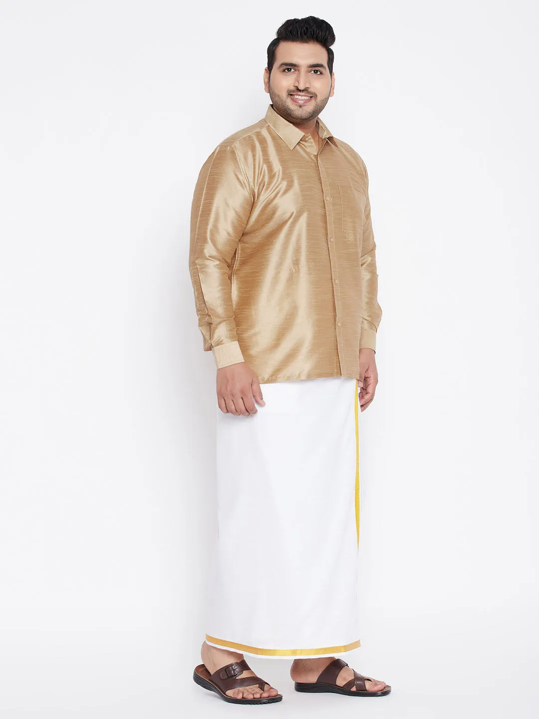 Men's Plus Rose Gold And White Silk Blend Shirt And Mundu Set - Vastramay