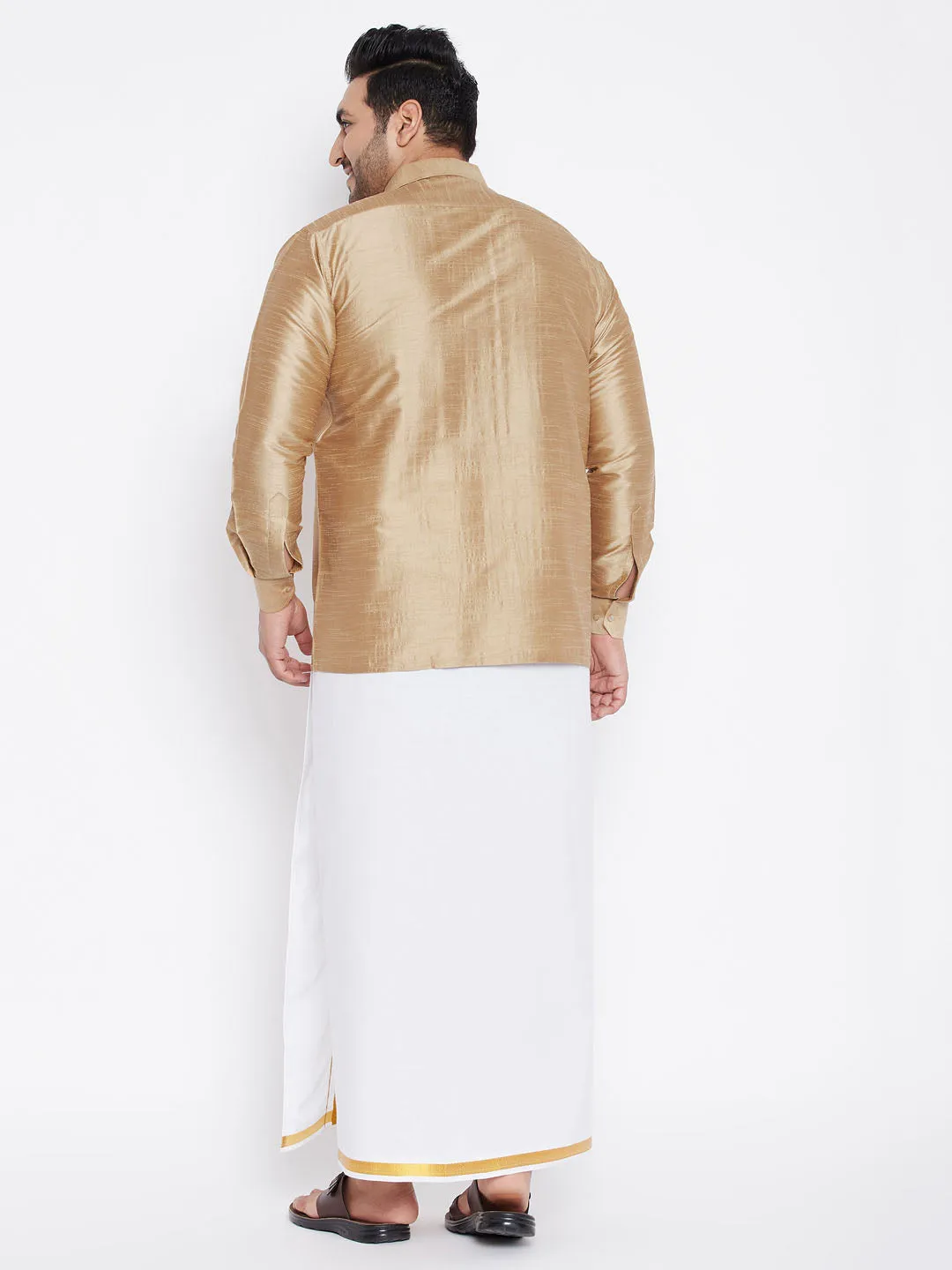Men's Plus Rose Gold And White Silk Blend Shirt And Mundu Set - Vastramay