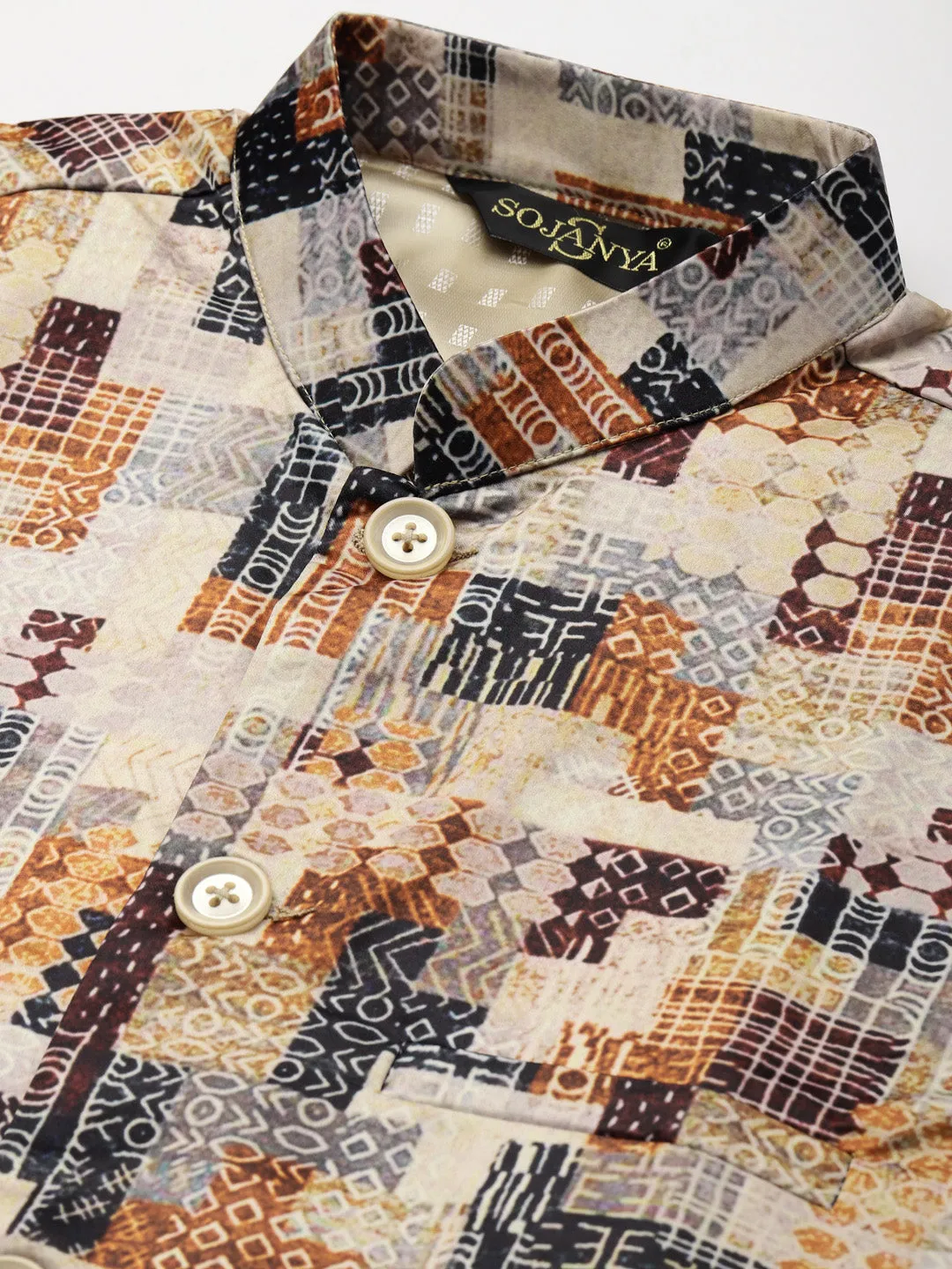 Men's Silk Blend Black Kurta Pyjama & Beige Nehrujacket Combo - Sojanya