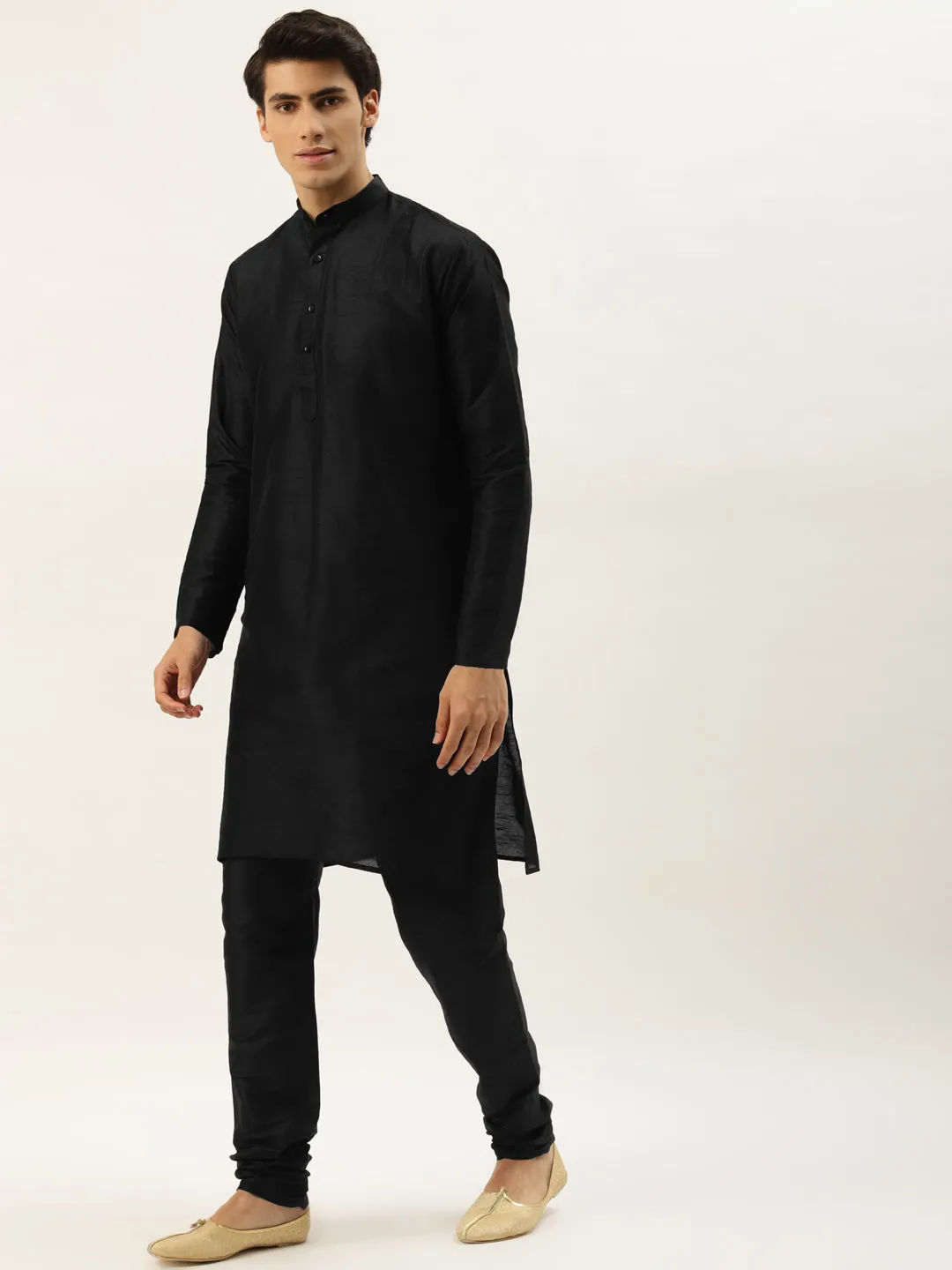 Men's Silk Blend Black Kurta Pyjama & Beige Nehrujacket Combo - Sojanya