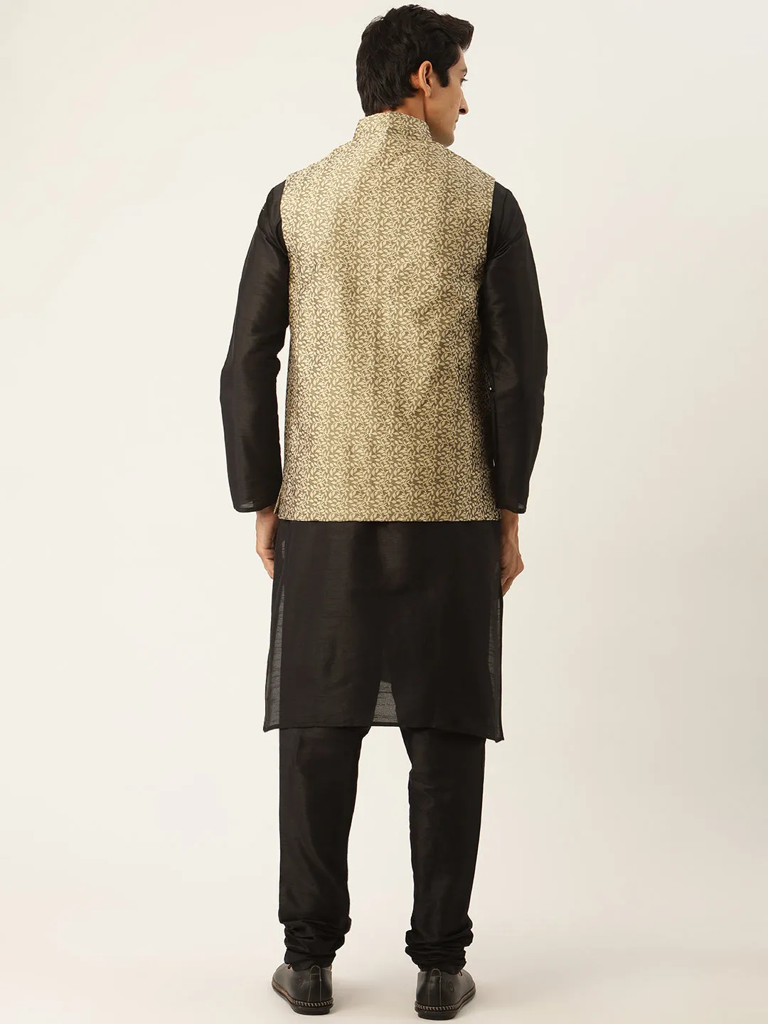 Men's Silk Blend Black Kurta Pyjama & Gold Nehrujacket Combo - Sojanya