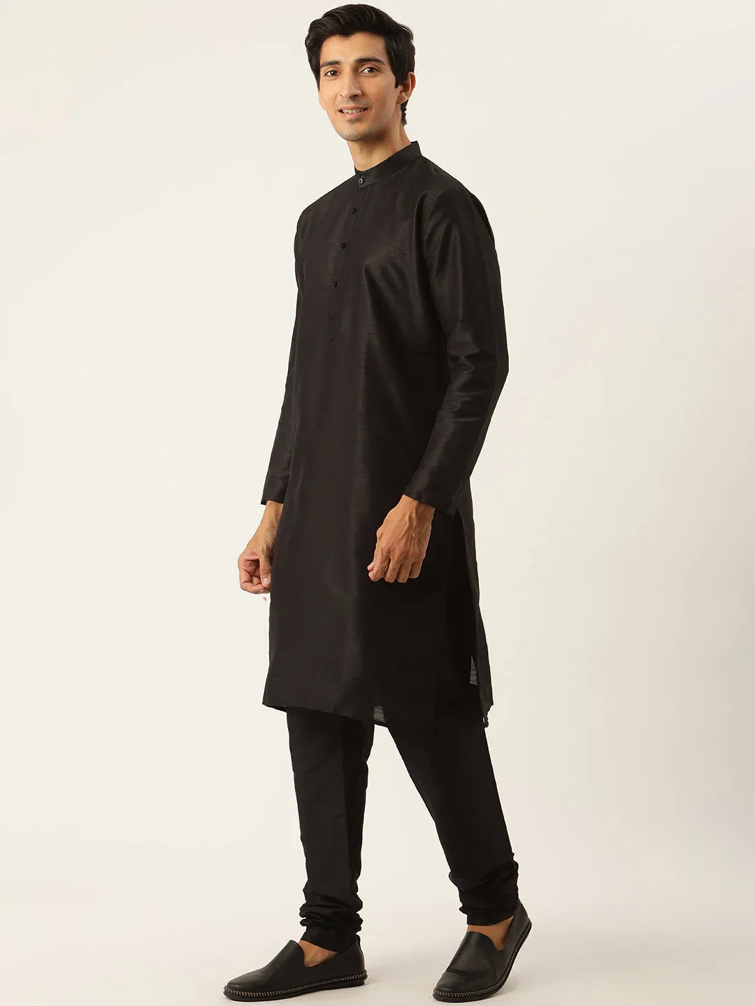 Men's Silk Blend Black Kurta Pyjama & Gold Nehrujacket Combo - Sojanya