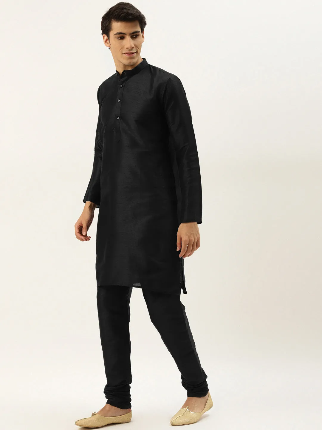 Men's Silk Blend Black Kurta Pyjama & Off White Nehrujacket Combo - Sojanya