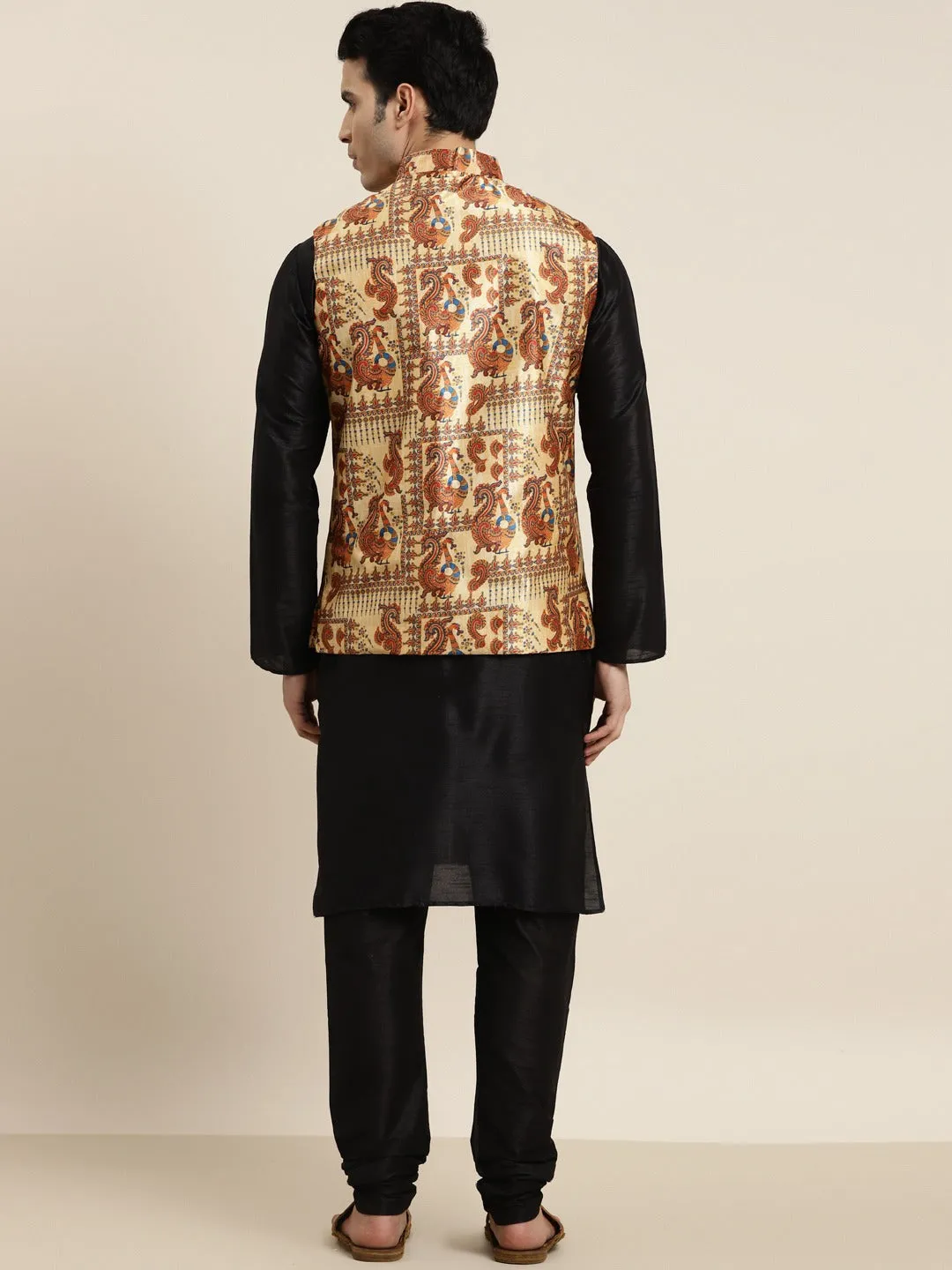 Men's Silk Blend Black Kurta Pyjama & Silk Blend Gold Printed Nehrujacket - Sojanya