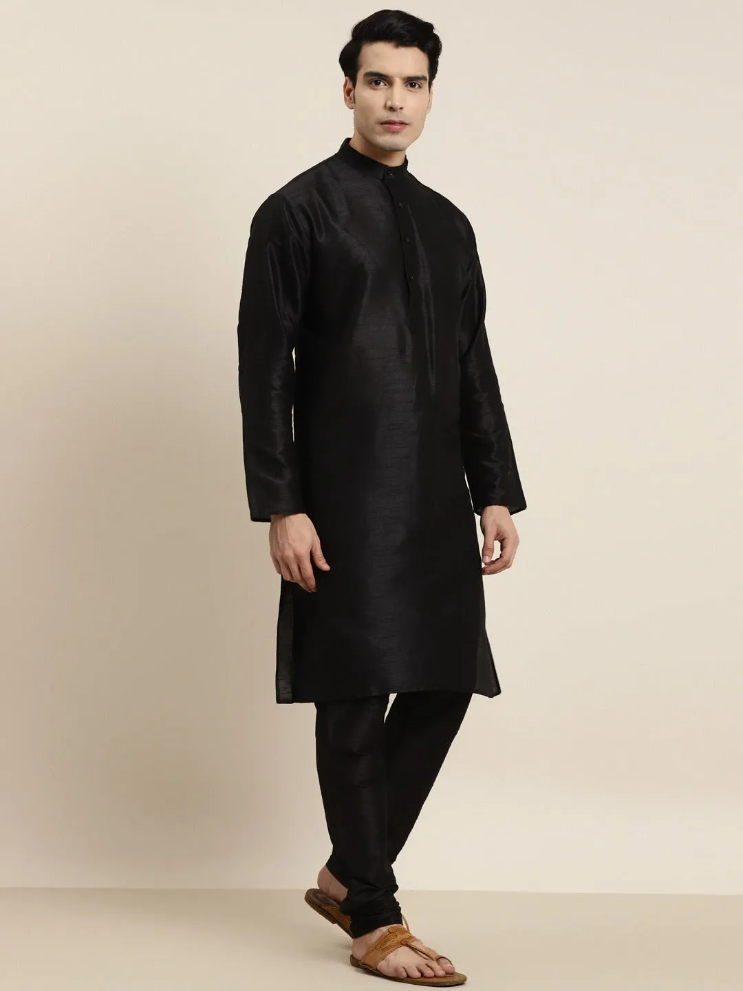 Men's Silk Blend Black Kurta Pyjama & Silk Blend Gold Printed Nehrujacket - Sojanya