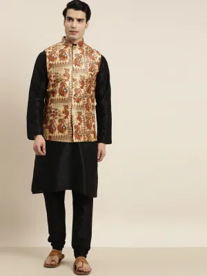 Men's Silk Blend Black Kurta Pyjama & Silk Blend Gold Printed Nehrujacket - Sojanya