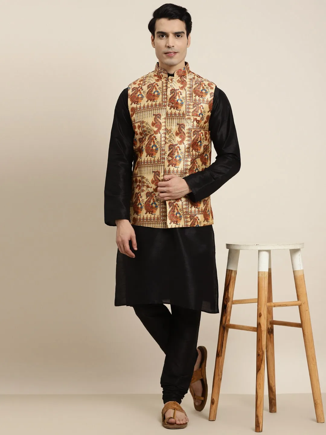 Men's Silk Blend Black Kurta Pyjama & Silk Blend Gold Printed Nehrujacket - Sojanya