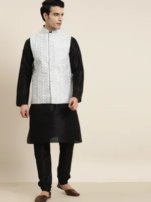 Men's Silk Blend Black Kurta Pyjama & Silk Blend Grey Embroidered Nehrujacket - Sojanya