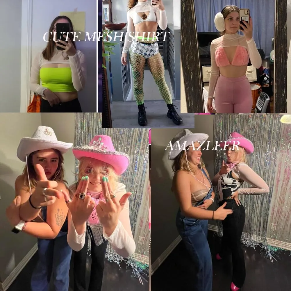 Mesh Crop Tops for Women Mock Neck Long Sleeve Crop Top See Through Shirt Top Sexy Clubwear