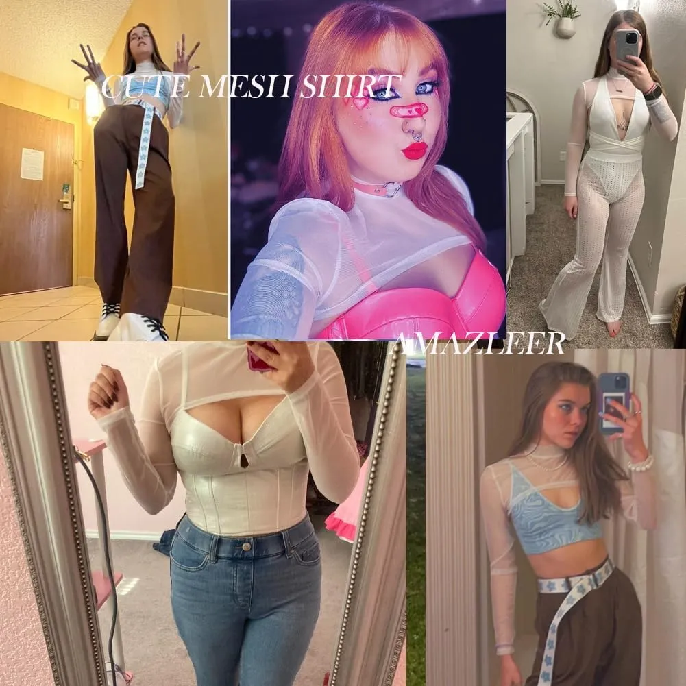 Mesh Crop Tops for Women Mock Neck Long Sleeve Crop Top See Through Shirt Top Sexy Clubwear