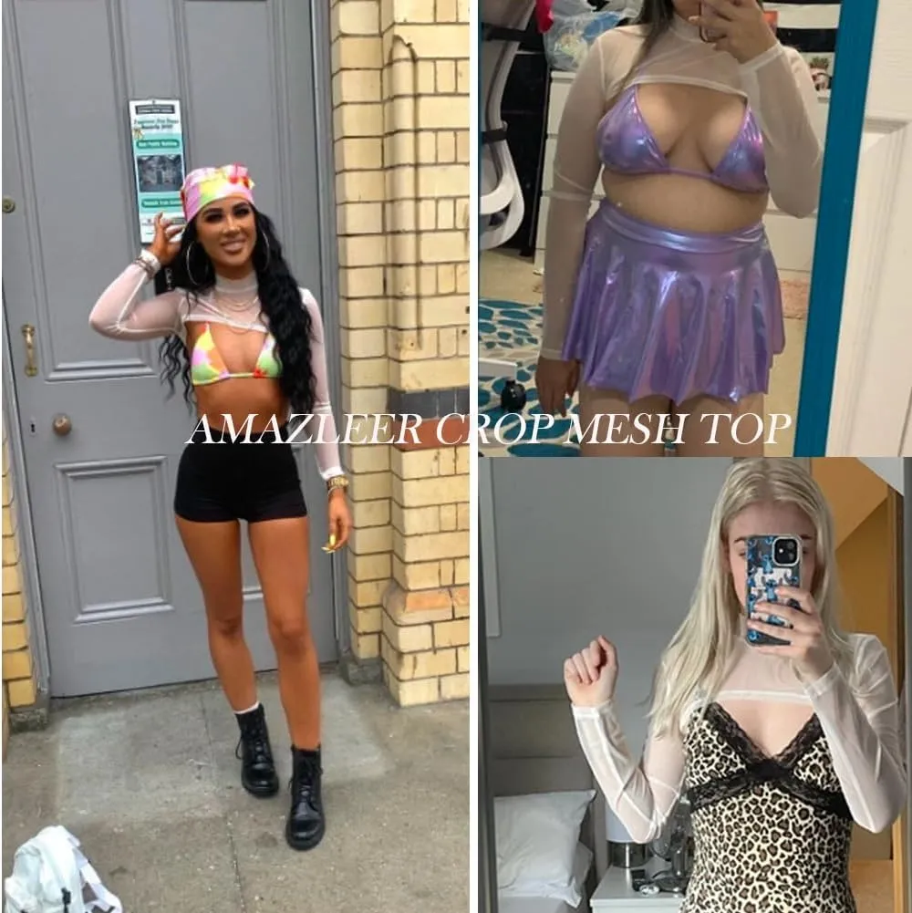 Mesh Crop Tops for Women Mock Neck Long Sleeve Crop Top See Through Shirt Top Sexy Clubwear