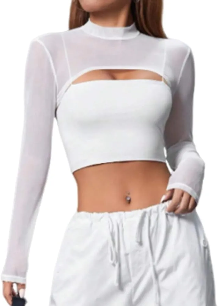 Mesh Crop Tops for Women Mock Neck Long Sleeve Crop Top See Through Shirt Top Sexy Clubwear