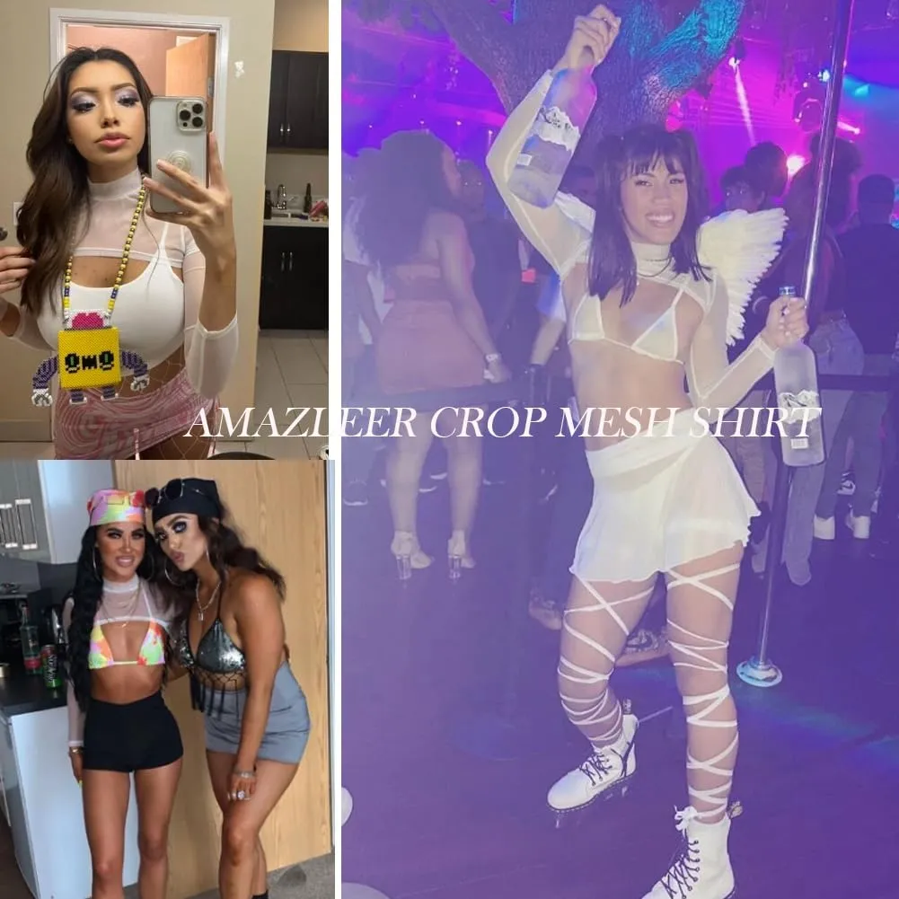 Mesh Crop Tops for Women Mock Neck Long Sleeve Crop Top See Through Shirt Top Sexy Clubwear