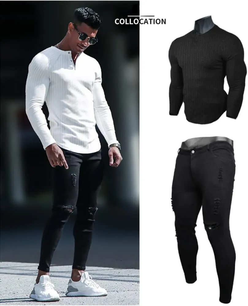 Muscle Cmdr Men's Ribbed Henley Shirt Slim Fit Muscle Shirt Fitted Cotton Short&Long Sleeve Casual T-Shirt