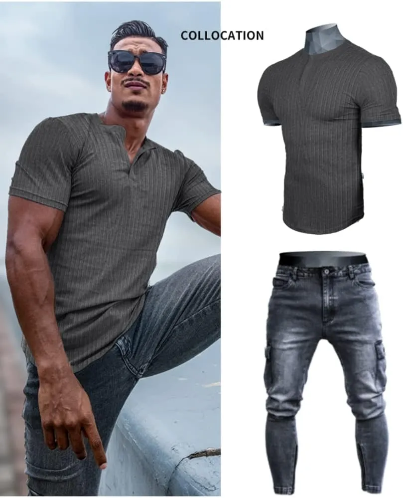 Muscle Cmdr Men's Ribbed Henley Shirt Slim Fit Muscle Shirt Fitted Cotton Short&Long Sleeve Casual T-Shirt