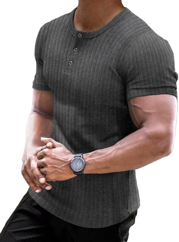 Muscle Cmdr Men's Ribbed Henley Shirt Slim Fit Muscle Shirt Fitted Cotton Short&Long Sleeve Casual T-Shirt