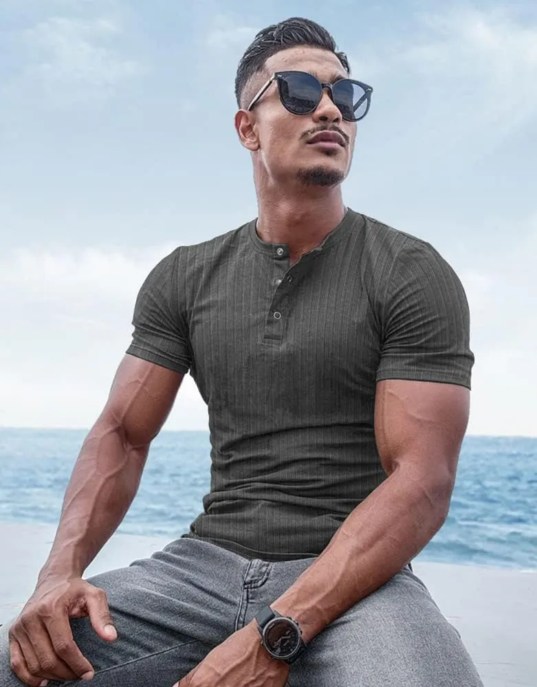 Muscle Cmdr Men's Ribbed Henley Shirt Slim Fit Muscle Shirt Fitted Cotton Short&Long Sleeve Casual T-Shirt